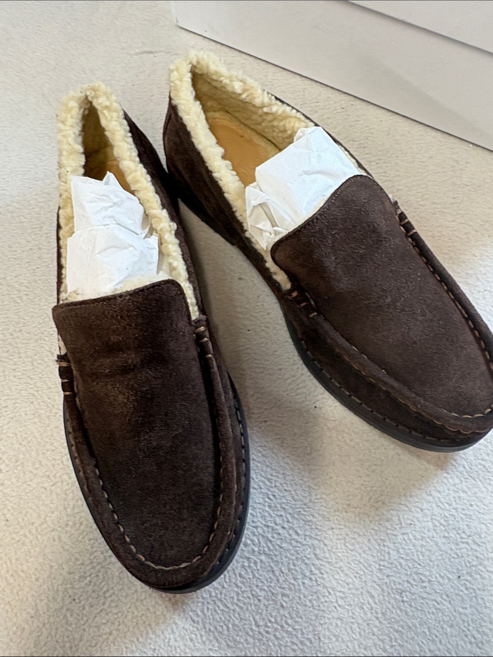 Brown Suede Shearling-Lined Slip-On Loafers